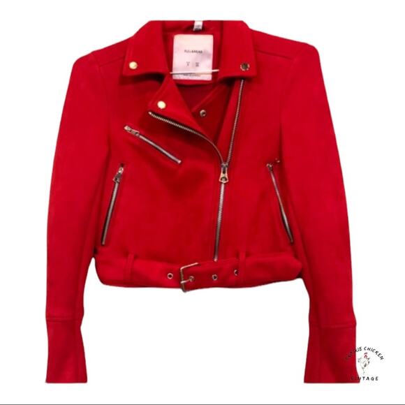 Pull & Bear Red Micro-Suede Moto Cafe Racer Jacket Bikerider Motorcycle S Small - Picture 1 of 6